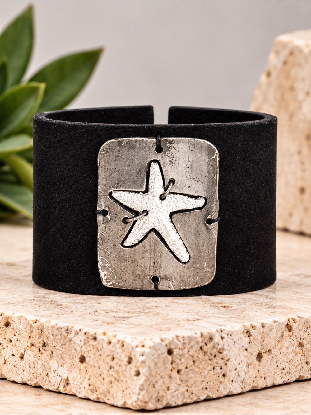 Handmade Silver Tone Starfish Leather Cuff Bracelet